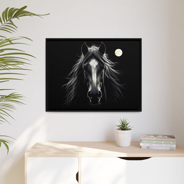 Black-framed western canvas art with a centered horse portrait and moon