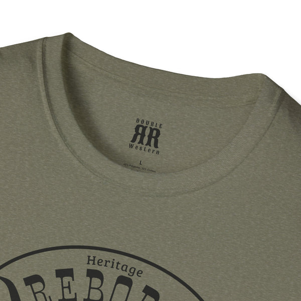 Olive green crewneck T-shirt with small chest logo patch at neckline