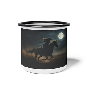 Enamel camp mug with black rim, black body, moonlit cowboy on horse decal