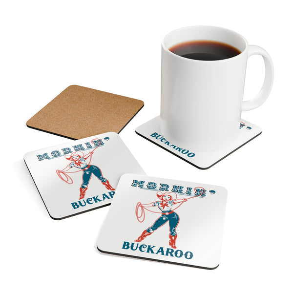 Square cork coaster set with cowgirl “BUCKAROO” prints