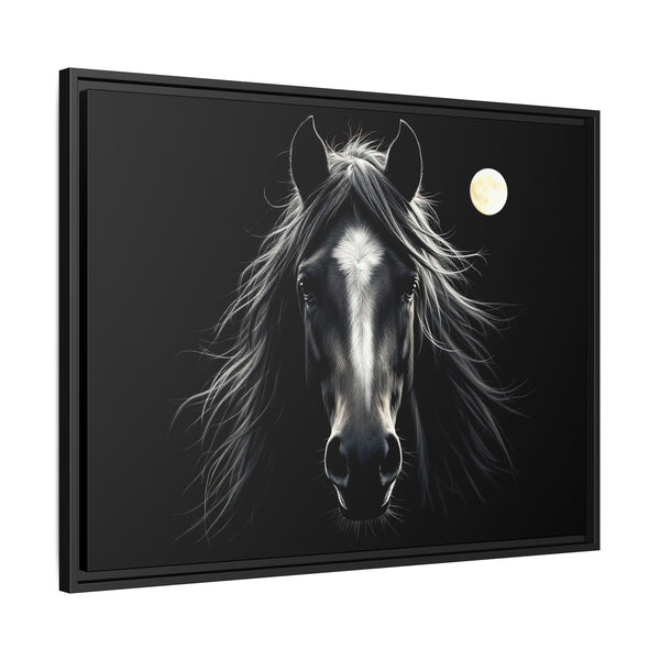 Black-framed western canvas art of a black-and-white horse with a glowing moon