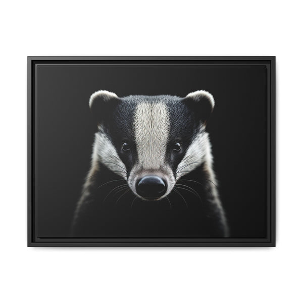 Framed western canvas wall art of a badger face with raised fur details