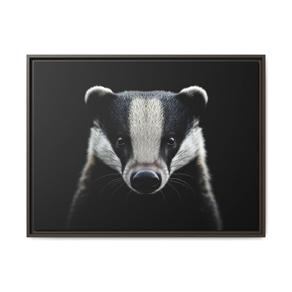 Framed badger canvas wall art with black and white portrait, dark frame