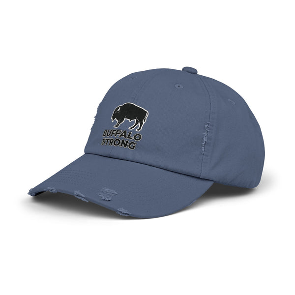 Blue distressed dad hat with buffalo graphic on front