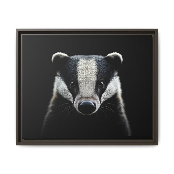 Framed badger canvas wall art with black and white portrait, dark frame
