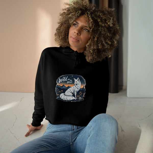 Black women's cropped hooded sweatshirt with front graphic and long sleeves