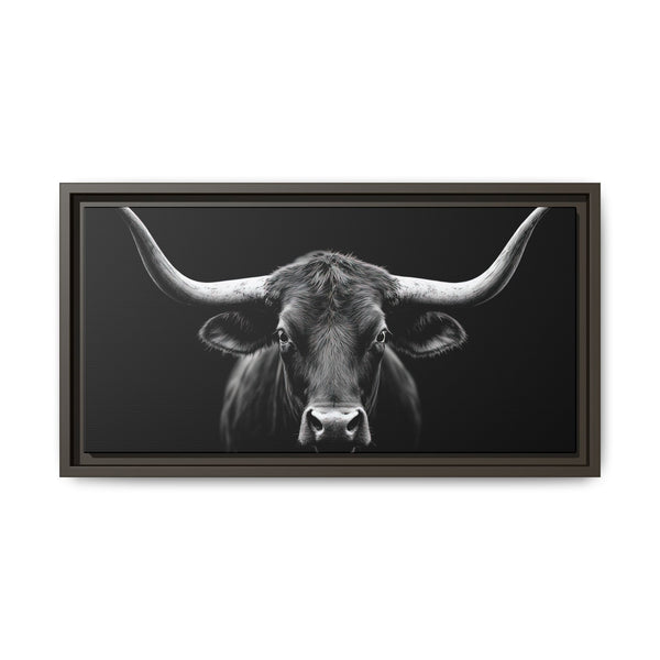 Framed canvas wall art with black frame, grayscale bull portrait with raised horns