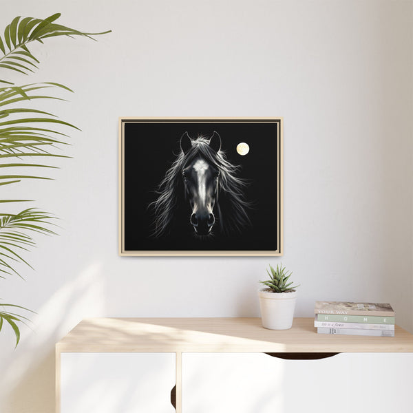 Small framed western canvas art featuring a black-and-white horse head and moon