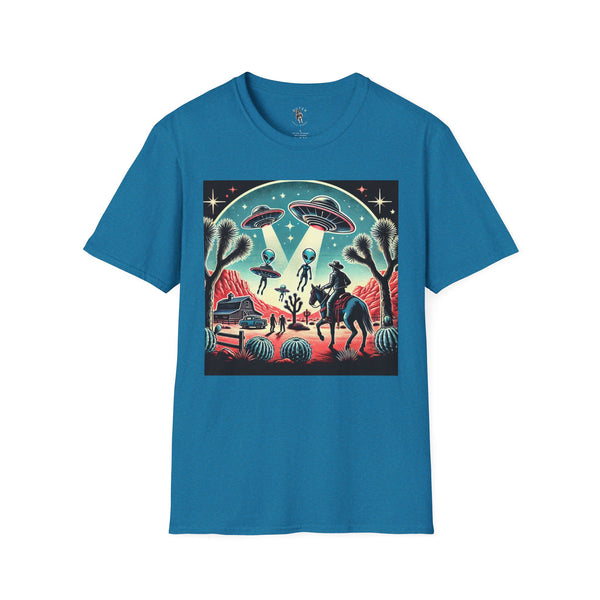 Blue T-shirt with western sci-fi graphic featuring cowboys, aliens, and fireworks