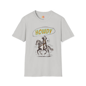 Light grey cowboy graphic T-shirt with Howdy and rider on horse print.