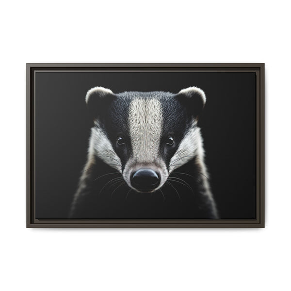 Framed canvas wall art featuring a badger face, dark brown frame.