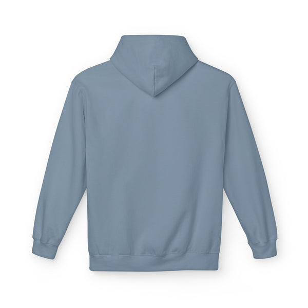 Blue hoodie back view with hood and ribbed cuffs