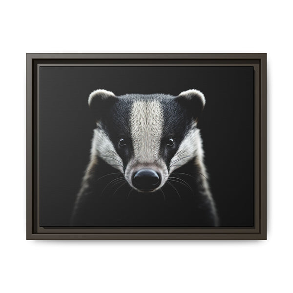 Framed western canvas wall art of a badger face, dark outer frame