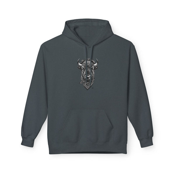 Dark gray pullover hoodie with front bison graphic, kangaroo pocket, and drawstring hood