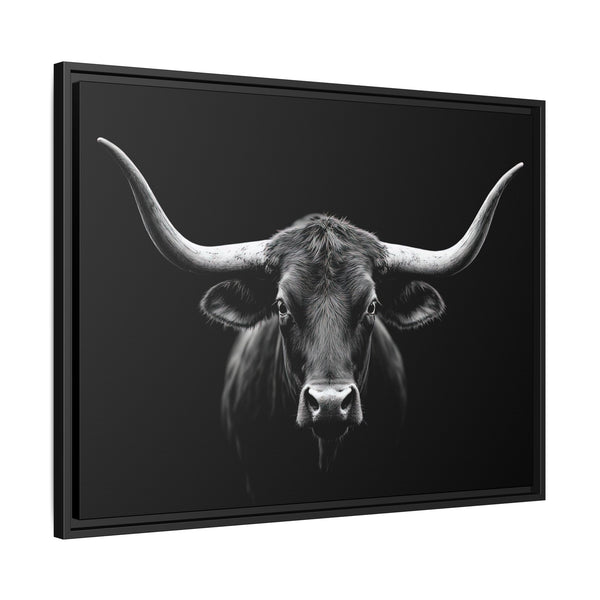 Framed canvas wall art with black frame, centered grayscale bull head with horns