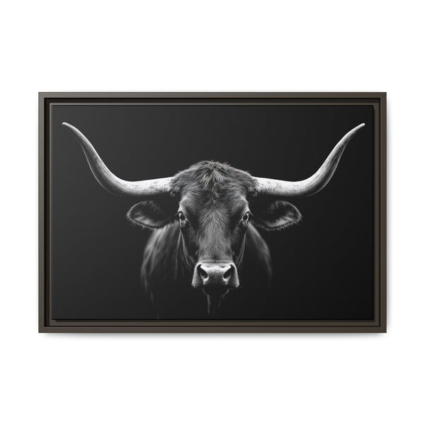 Framed western canvas art featuring a monochrome bucking bull head on black, dark frame