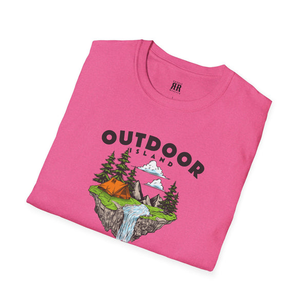Hot pink outdoor crew-neck T-shirt with camping graphic at center chest