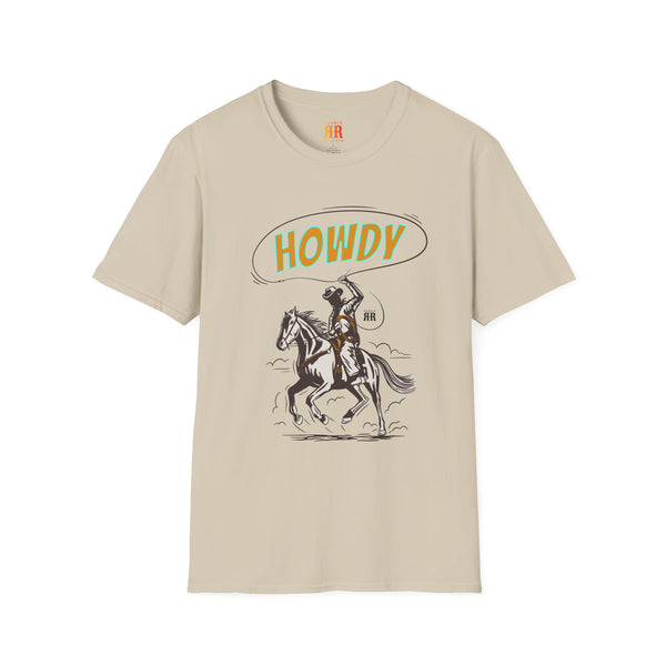 Beige cowboy graphic T-shirt with Howdy western rider on horse print.