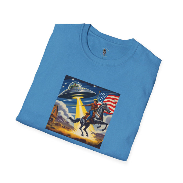 Blue T-shirt with cosmic cowboy graphic, UFO and American flag on front