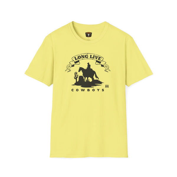 Yellow T-shirt with cowboy silhouette and “Long Live” ribbon graphic at chest
