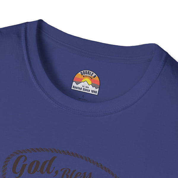 Dark blue crewneck T-shirt with small round badge logo and partial “God Bless” print