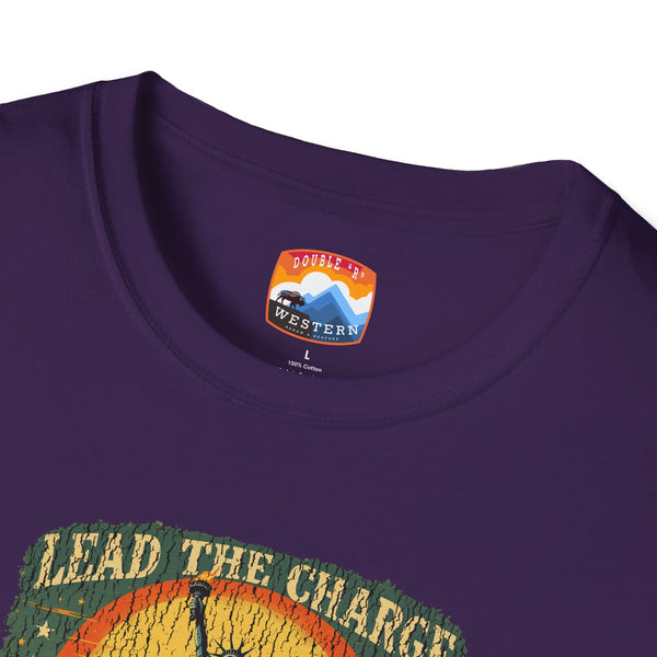 Purple crew-neck T-shirt with Western logo patch and partial 'Lead the Change' graphic.