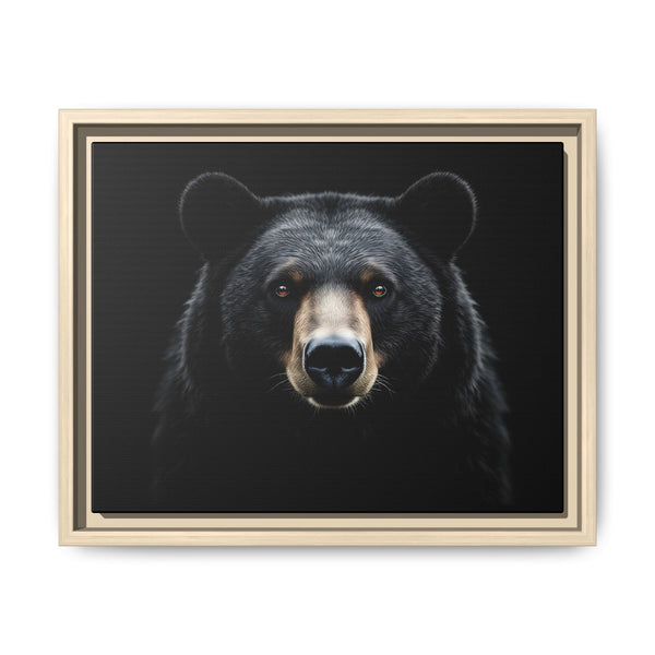 Framed canvas bear portrait with light beige frame, close-up black bear face
