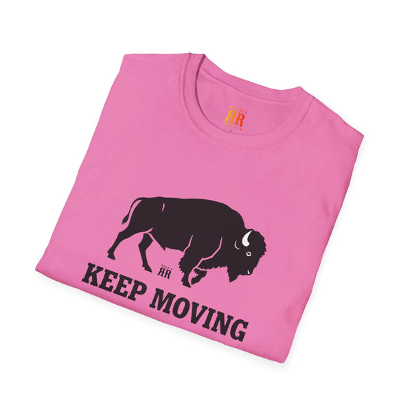 Pink western t-shirt with black bison graphic and KEEP MOVING text.