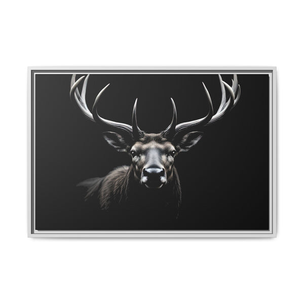 Framed elk head western canvas wall art with long antlers, silver frame, dark background.