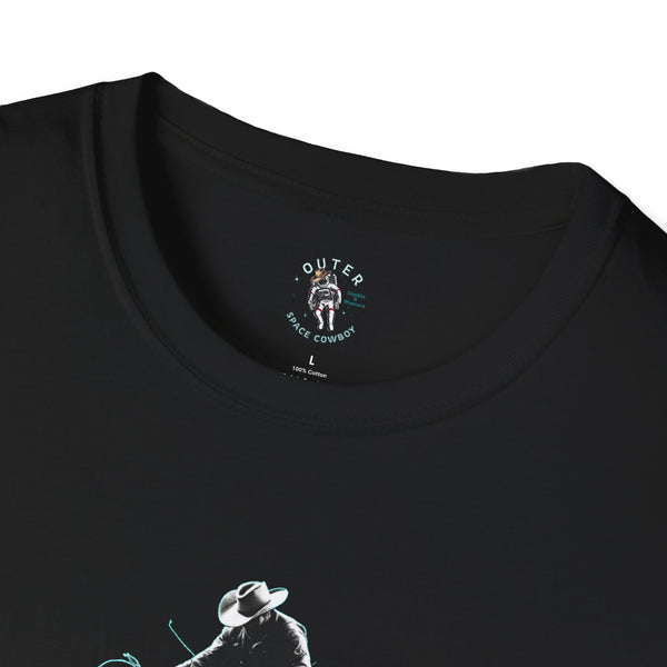 Black T-shirt neckline with circular Outer Space Cowboy emblem