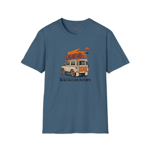 Blue short-sleeve T-shirt with front van and surf graphic print