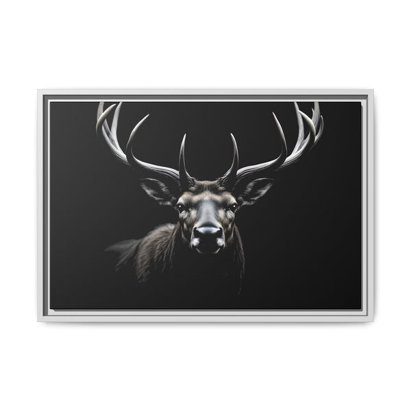 Framed western canvas art with monochrome elk head and antlers, light gray frame