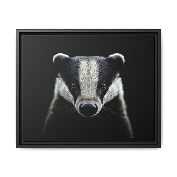 Framed western canvas wall art of a badger face, dark frame