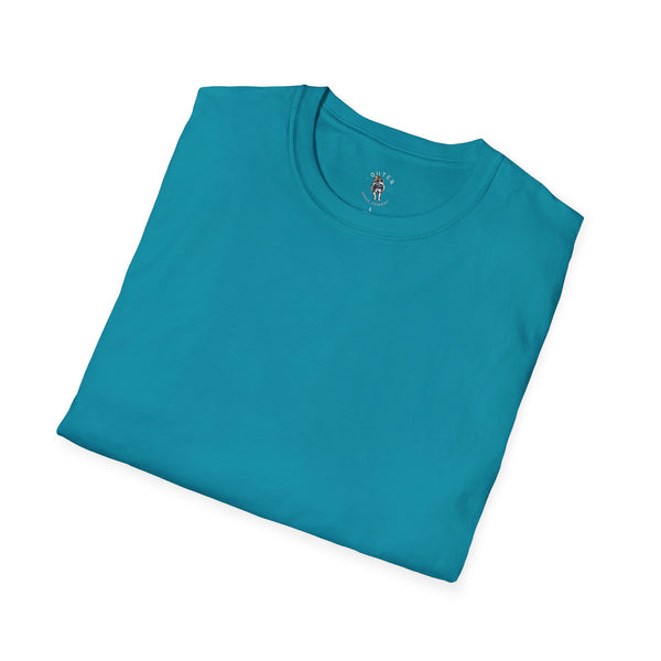 Teal men’s T-shirt folded, featuring small chest cowboy logo and crew neck