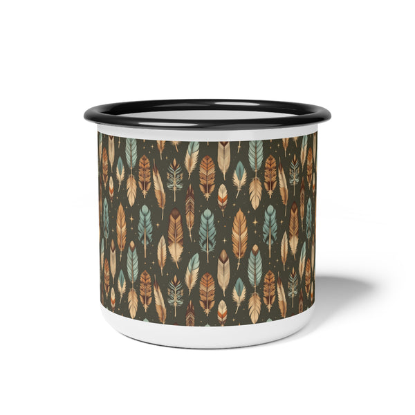 Enamel camp mug with dark feather pattern, black rim, white base