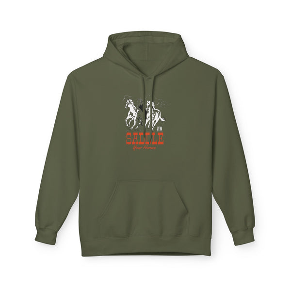 Forest green western wear hoodie with horse graphic logo on the chest and front kangaroo pocket