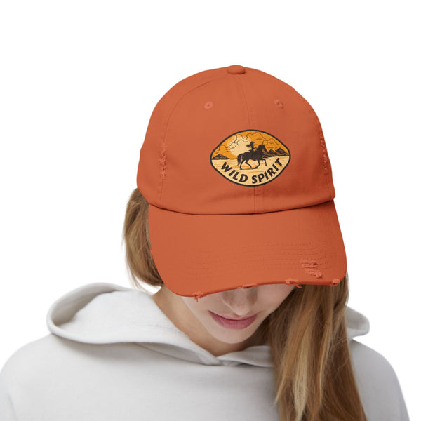 Double R Western Wild Spirit Women’s Western Wear Distressed Dad Hat, model front detail view, Burnt Orange