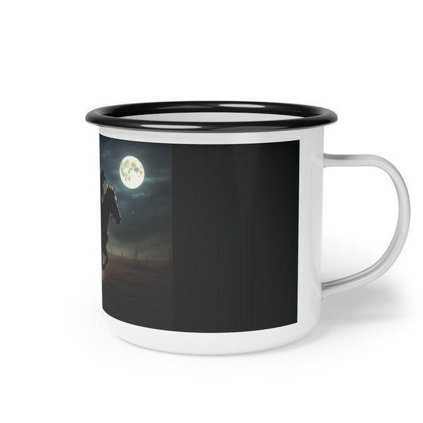 Enamel camp mug with black rim, moonlit horse rider graphic on side, white handle