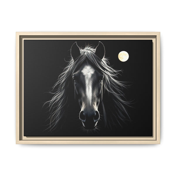 Framed western horse wall art featuring a black-and-white horse head and moon; tan frame