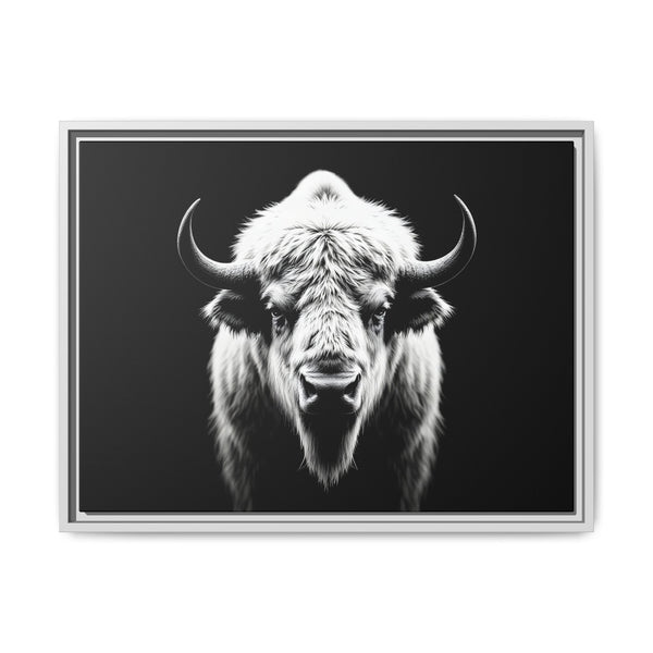 Framed bison head artwork with detailed fur texture and two curved horns
