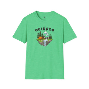 Heather green T-shirt with outdoor graphic print across the chest