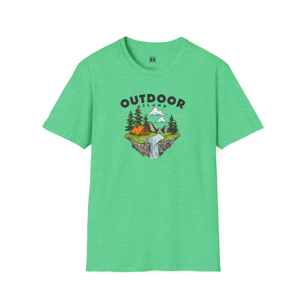 Heather green T-shirt with outdoor graphic print across the chest