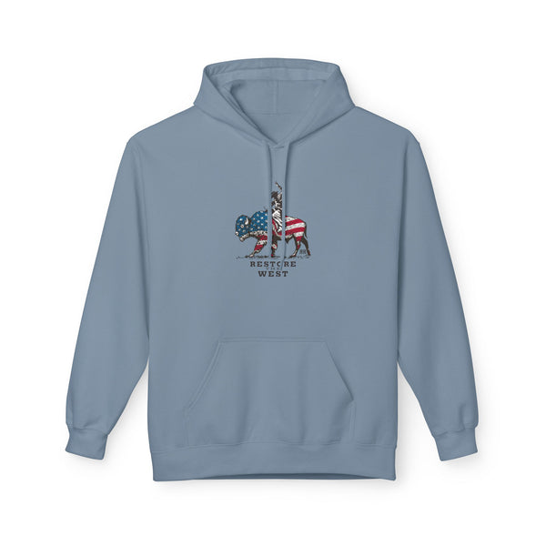 Powder blue western wear hoodie with front pocket and hood, small chest logo