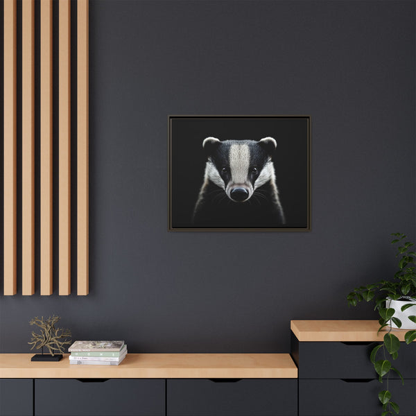 Framed canvas wall art with a small centered badger portrait, black frame