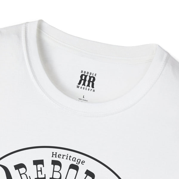 White crewneck T-shirt with small chest logo patch at neckline