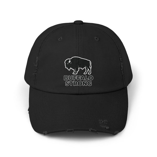 Black distressed dad hat with buffalo graphic and 'BUFFALO STRONG' print