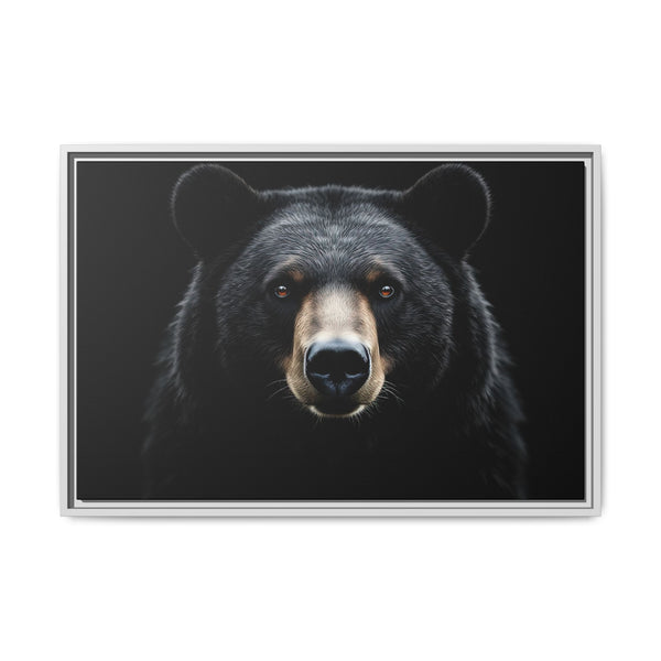 Framed canvas wall art of a black bear face portrait in a light gray frame