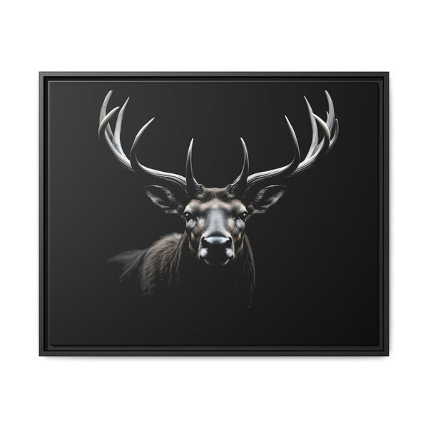 Framed elk head western canvas wall art with long antlers, black frame, dark background.