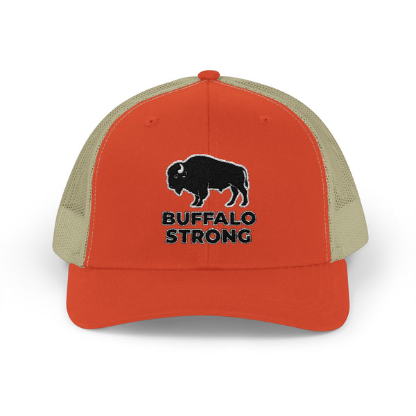 Rustic orange western trucker hat with khaki mesh sides, Buffalo Strong logo