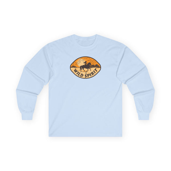 Light blue women's jersey long sleeve tee with Wild Spirit graphic on back